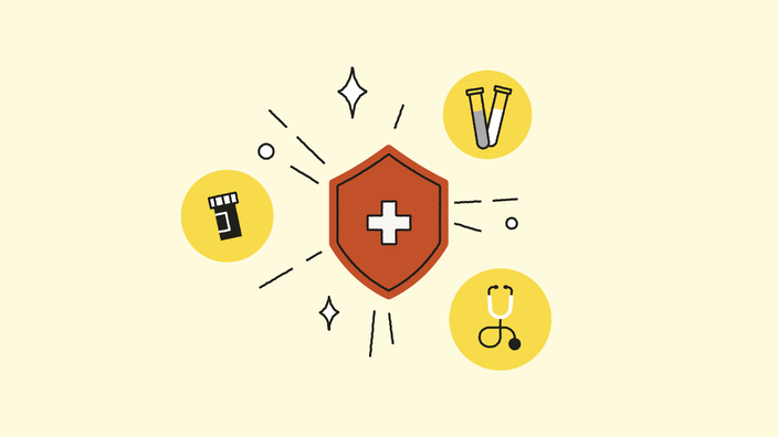 Graphic of a red medical shield with medical related icons surrounding it on a light yellow background.