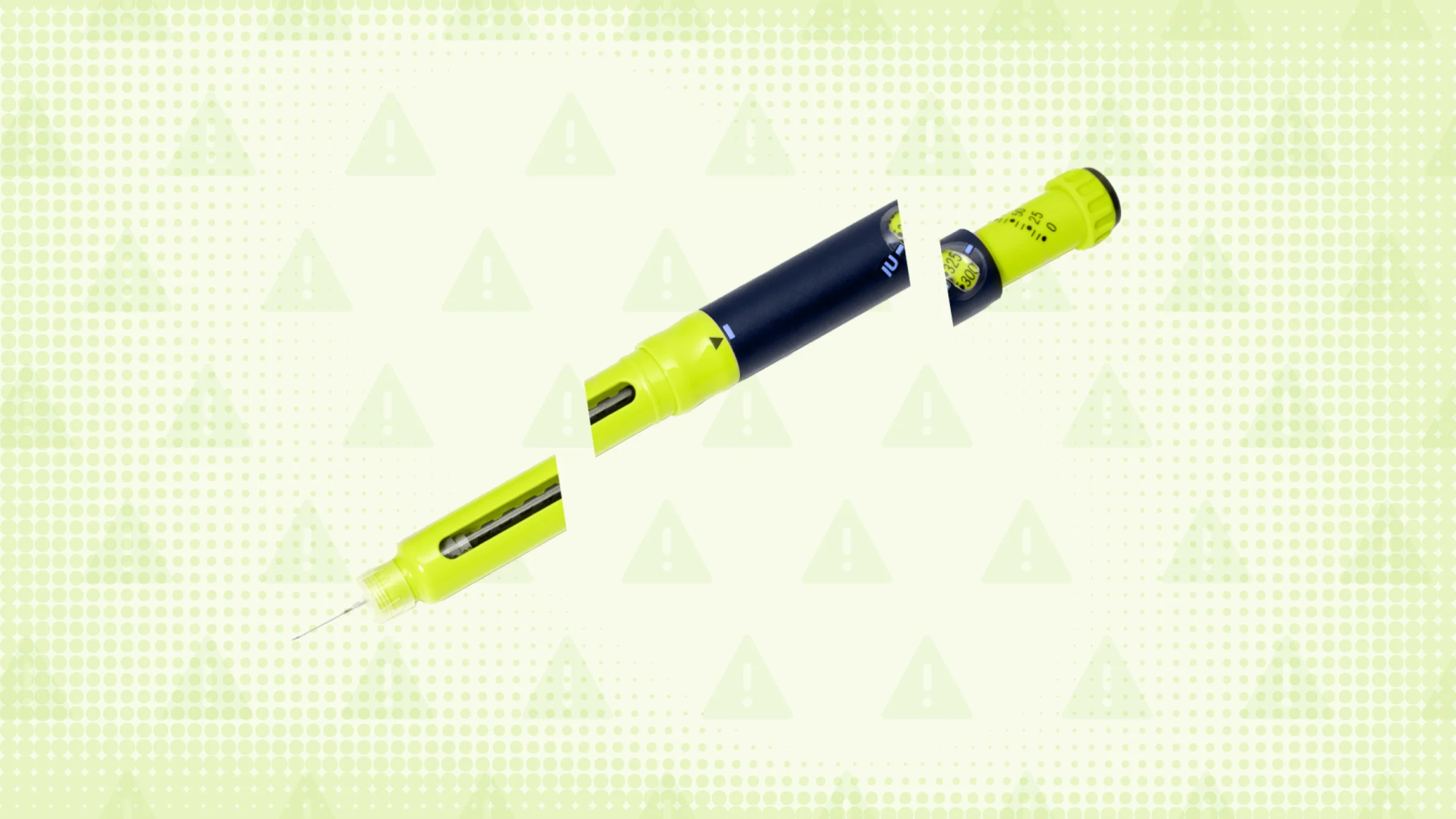 A custom graphic includes a neon-green background with a warning sign pattern and a green insulin pen cut into thirds. 
