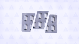 Light-purple background with texture and warning sign pattern. In the center is a blister pack of pills, cut into thirds. 
GoodRx Health