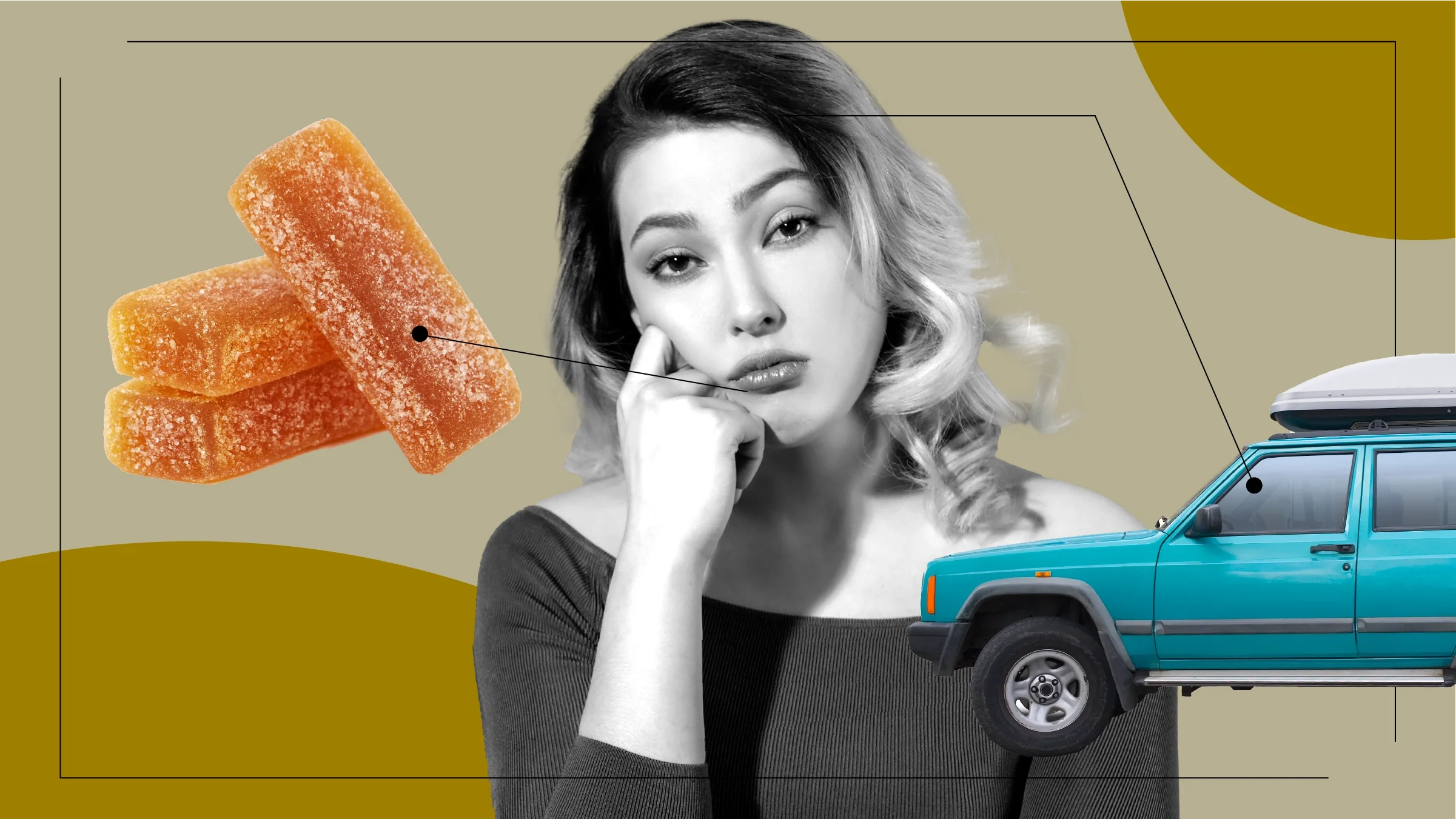 Tan background with black and white cutout of a woman looking tired and woozy. Off of her are diagram lines pointing to objects representing car sickness. On the left is a stack of ginger chew and on the right is a teal SUV. 
