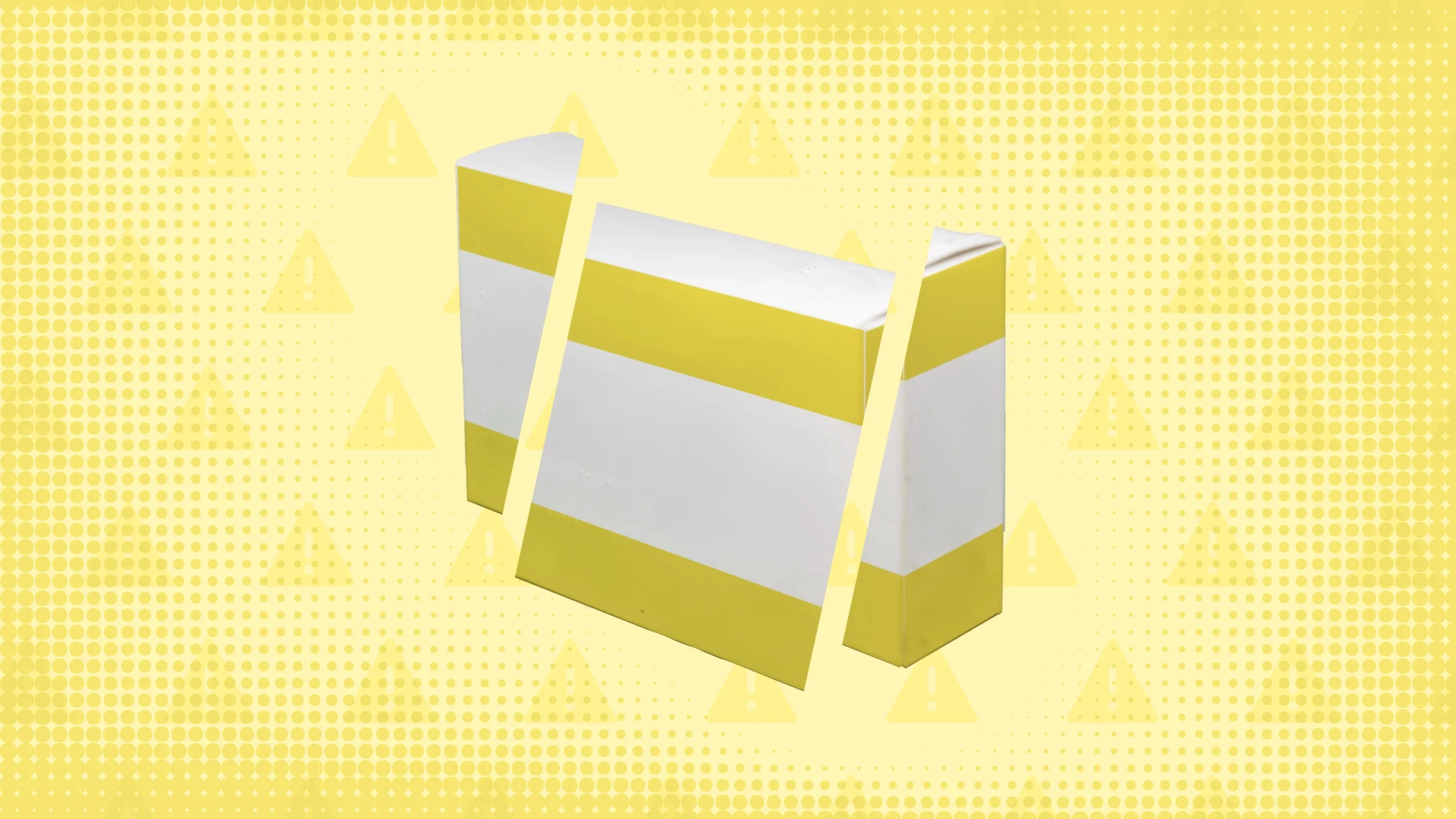 Yellow background with texture and warning sign pattern. In the center is a white and yellow medicine box cut into thirds. 