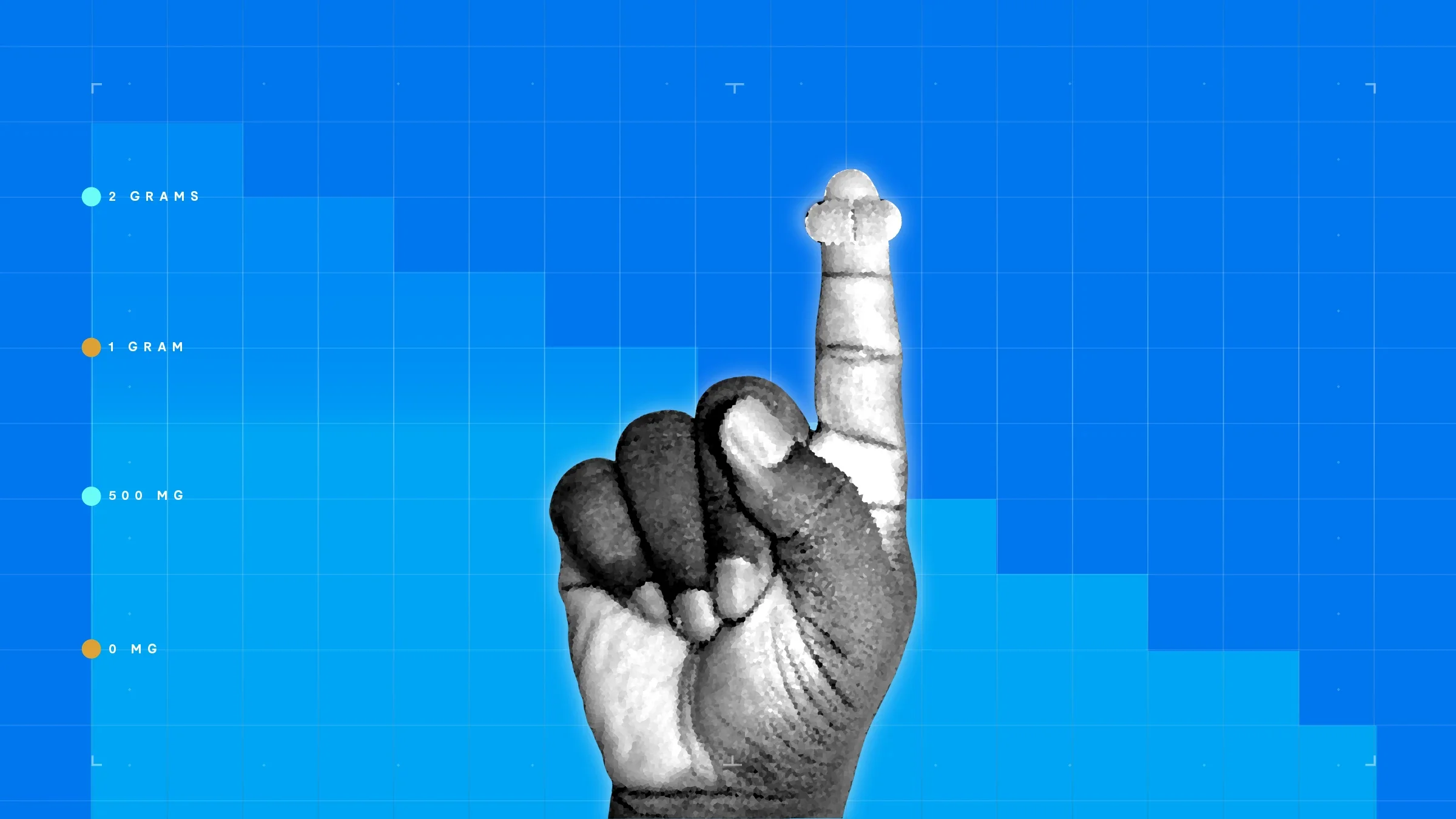In the center of a bright blue background with graph paper texture and representational step graph is a black and white cutout of a hand holding a single pill on the pointer finger. 
GoodRx Health
