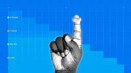 In the center of a bright blue background with graph paper texture and representational step graph is a black and white cutout of a hand holding a single pill on the pointer finger. 
GoodRx Health
