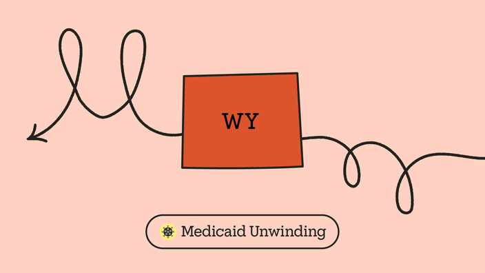 Light red-pink background with red state outline of Wyoming in the center. A looping arrow across the frame creates the letter “M.” At the bottom it reads “Medicaid Unwinding” with a COVID-19 icon.