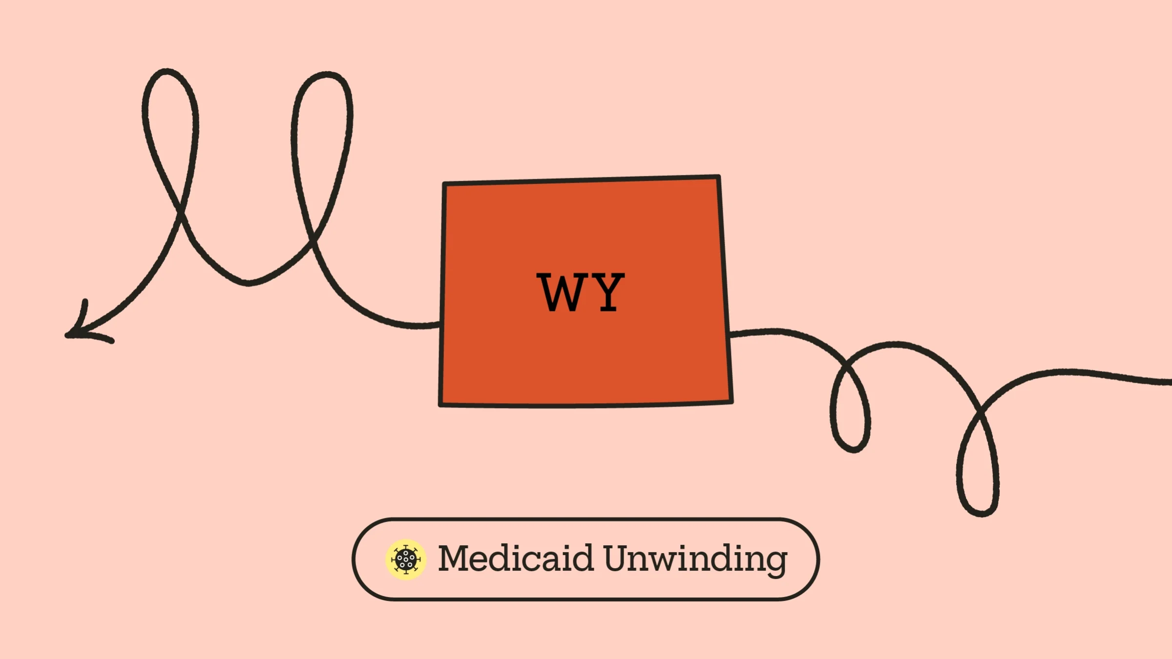 Light red-pink background with red state outline of Wyoming in the center. A looping arrow across the frame creates the letter “M.” At the bottom it reads “Medicaid Unwinding” with a COVID-19 icon.