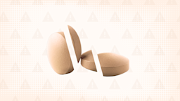 Tan background with halftone texture and warning sign pattern. In the center are two round tan pills cut into thirds. 
GoodRx Health