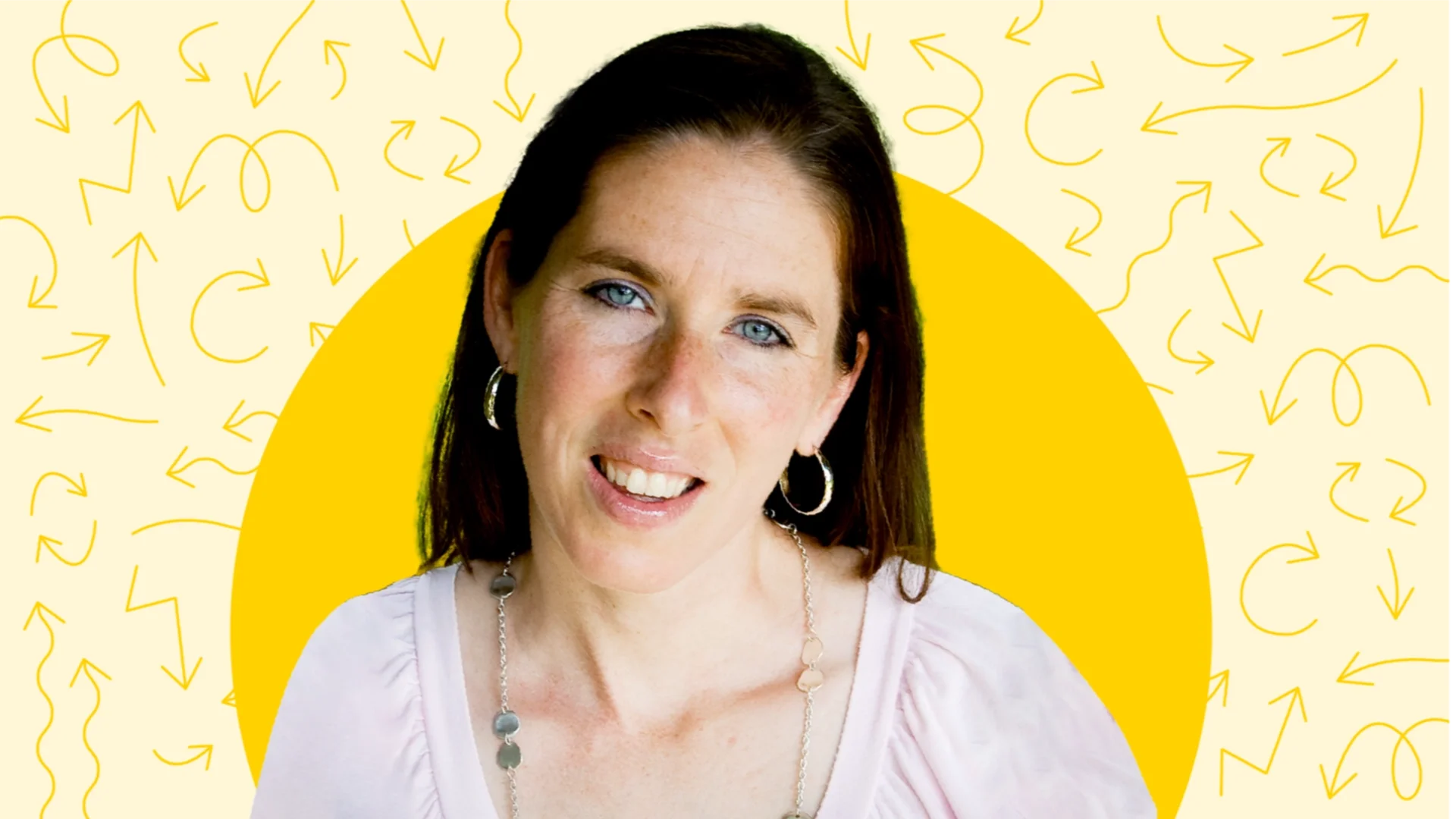 Judi Ketteler is pictured in a portrait, surrounded by a yellow background with an arrow pattern.