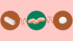 The image shows a light red background with three circles across the frame. In the center, on a green circle, are three peach colored oblong pills. On the left, on a red circle, is a white oblong pill. On the right, on a red circle, is a round white pill. 
GoodRx Health