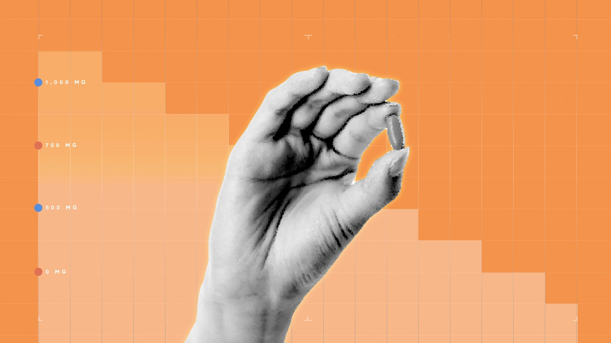 In the center of an orange background with graph paper texture and representational step graph is a black and white cutout of a hand holding a single pill.