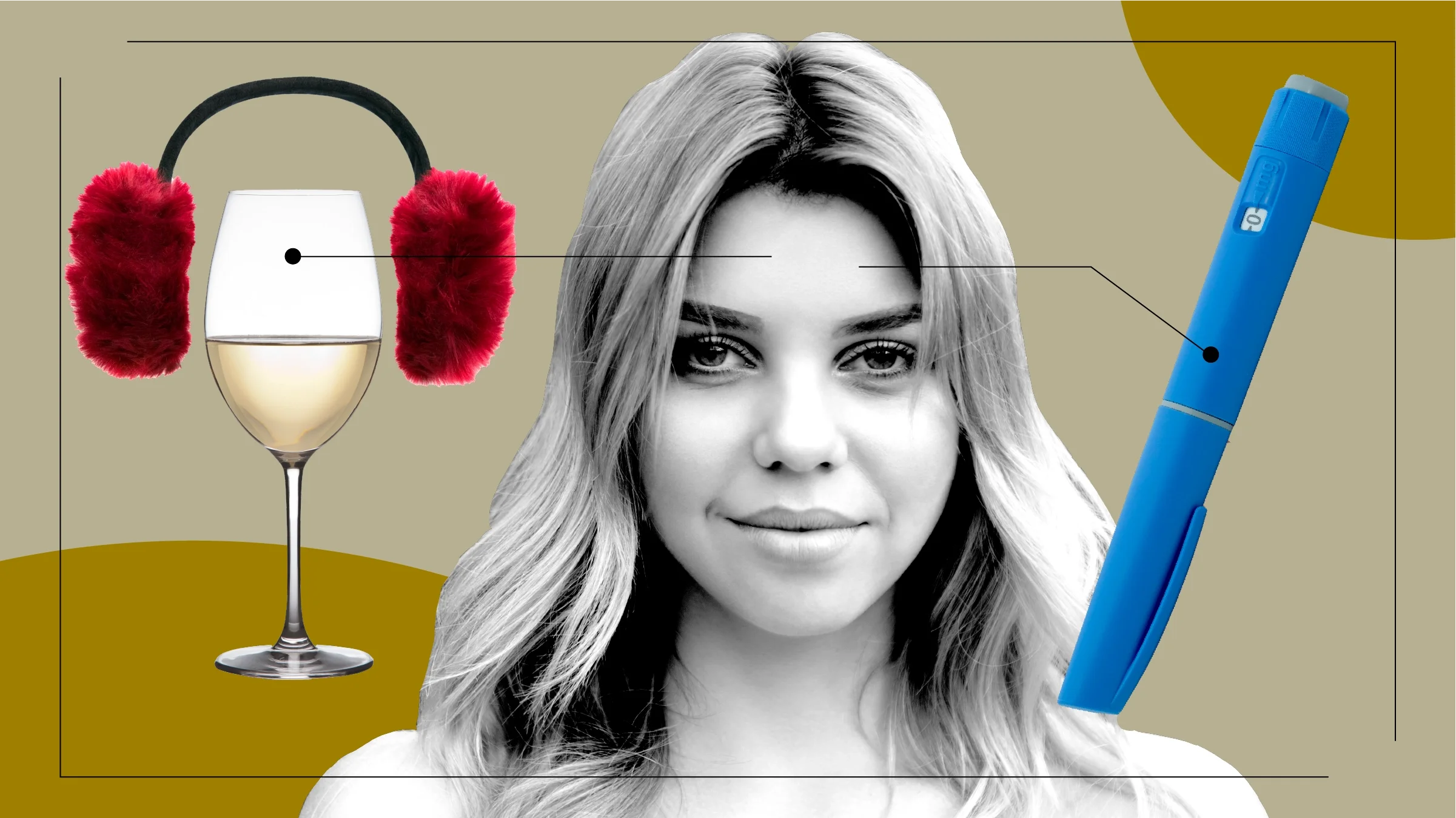 A graphic shows a photo of a woman surrounded by a glass of wine with earmuffs and a GLP-1 agonist auto-injector pen. 
