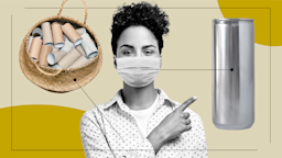 A custom graphic representing Paxlovid side effects includes a woman in a mask, a tin can, and a basket full of empty toilet paper rolls.
GoodRx Health