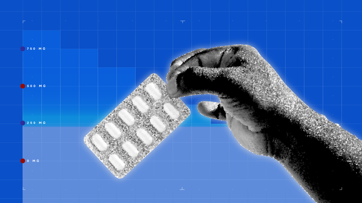 In the center of a bright blue background with graph paper texture and representational step graph is a black-and-white cutout of a hand holding a blister pack of pills.