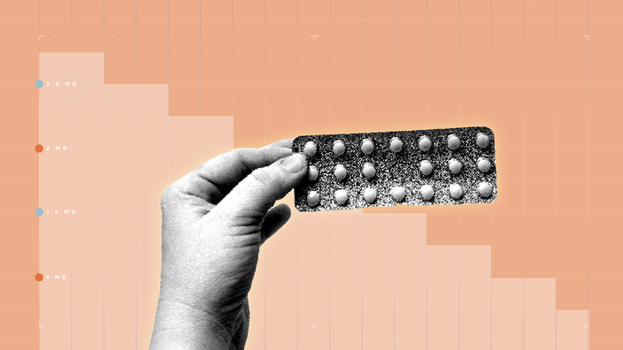 Light peach-colored background with graph paper texture and representational step graph. In the center is a black-and-white cutout of a hand holding a blister pack of pills.
