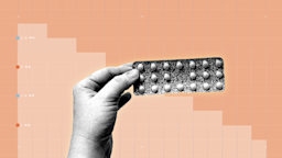 Light peach-colored background with graph paper texture and representational step graph. In the center is a black-and-white cutout of a hand holding a blister pack of pills.
GoodRx Health
