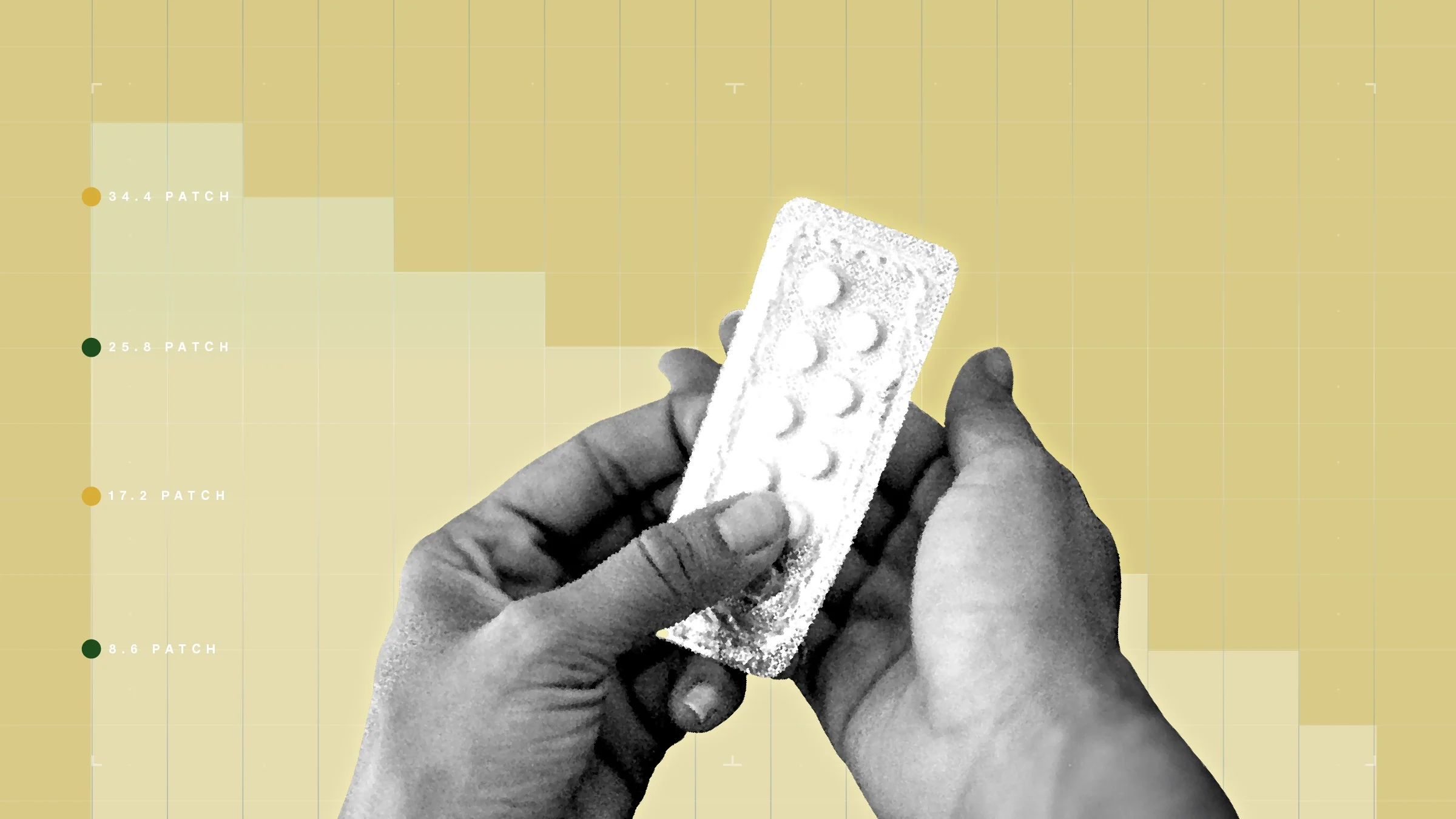 Light-yellow background with graph paper texture and representational step graph. In the center is a black-and-white cutout of hands holding a blister pack of pills.