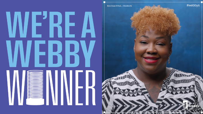 Graphic stating “We’re a Webby Winner” with a still of a woman smiling from the GoodRx video How Does It Feel… Childbirth.
