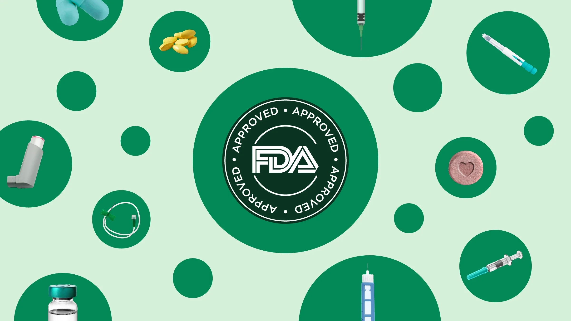 This custom graphic features a green background with darker green circles placed sporadically throughout the frame. On some of the circles are different types of medications, such as insulin pens, injectors, pills, and inhalers. 