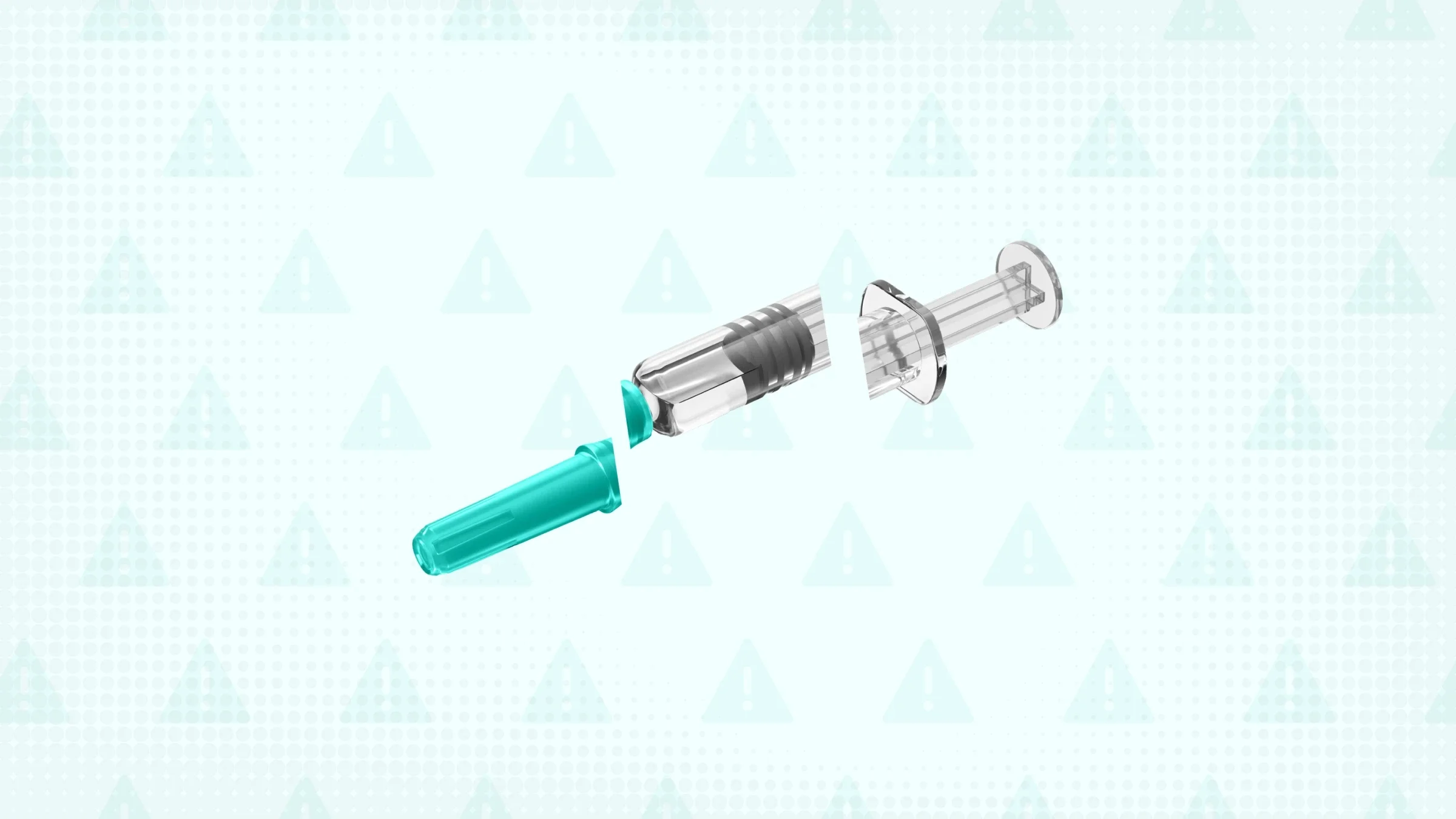 Teal background with texture and warning sign pattern. In the center is a teal syringe, cut into thirds. 