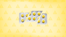 A blister pack of yellow round pills cut into thirds in the center of a light yellow background with texture and warning sign pattern. 
GoodRx Health
