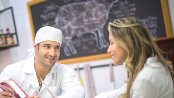 Diet nutrition: butcher talking to customer 483177716