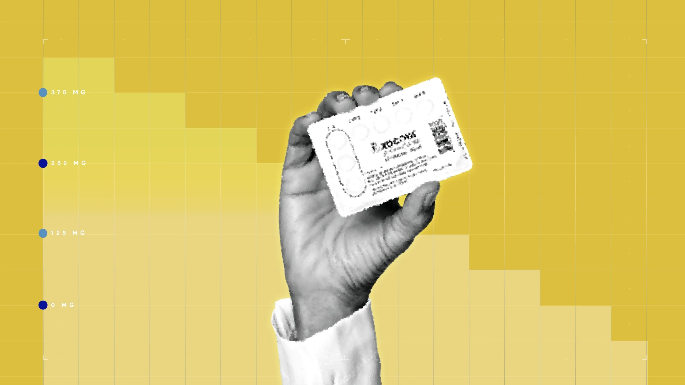 Golden yellow background with graph paper texture and representational step graph. In the center is a black and white cutout of a hand holding a blister pack of Xocova pills.
