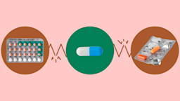 The image shows a light red background with three circles across the frame. In the center, on a green circle, is a white and blue capsule pill. On the left, on a red circle, is a birth control blister pack. On the right, on a red circle, is a mostly empty blister pack with orange pills.
GoodRx Health
