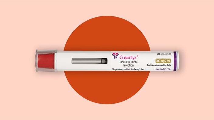The image shows a Cosentyx injection pen against a red background.