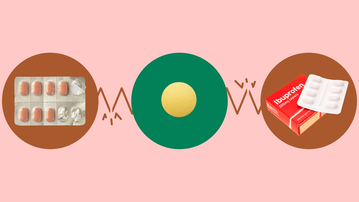 Light-red background with three circles across the frame. In the center, on a green circle, is a single round yellow pill. On the left, on a red circle, is a blister pack of peach-colored oblong pills. On the right is a red box of ibuprofen and a blister pack of white oblong pills. 