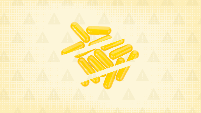A graphic on Exxua side effects has a yellow background with warning signs and a pile of yellow capsules cut into thirds.