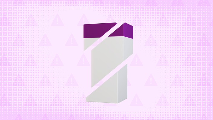 Purple background with texture and a warning sign pattern. In the center is a white-and-purple medication box cut into thirds. 