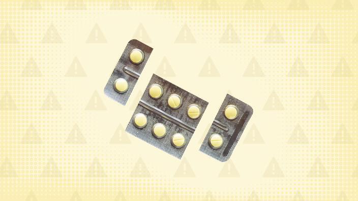 Light yellow background with texture and warning sign pattern. In the center is a blister pack of yellow pills cut into thirds. 