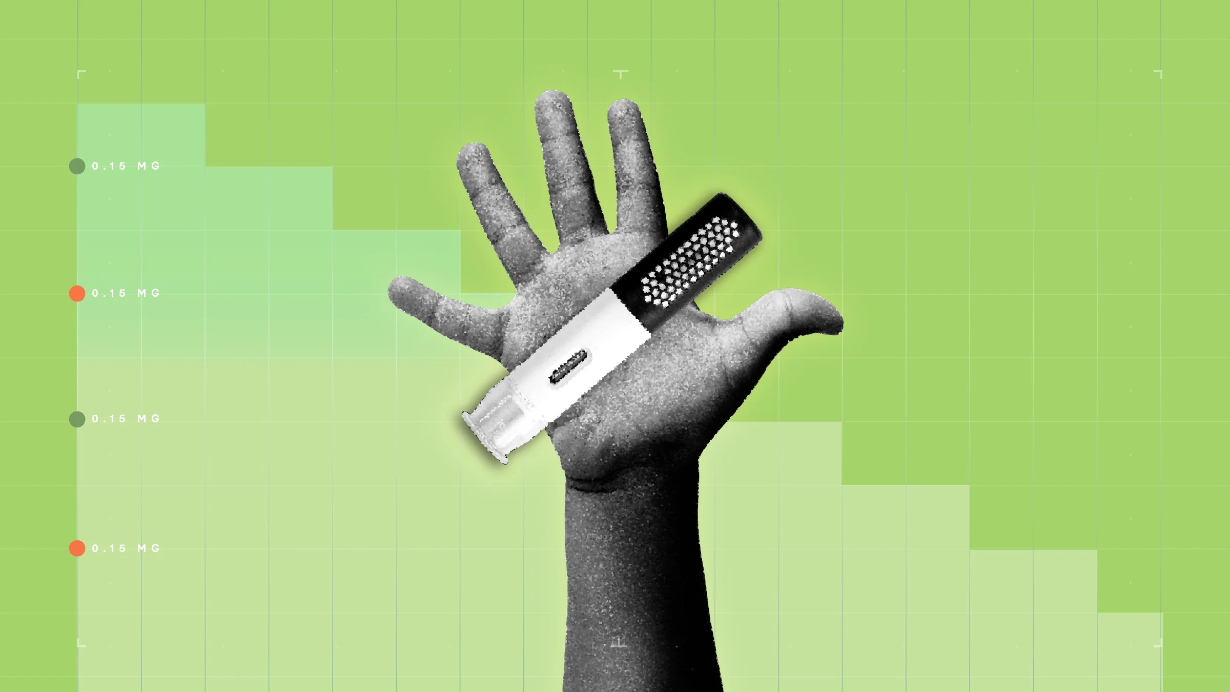 Light-green background with graph paper texture and representational step graph. In the center is a black-and-white cutout of a child’s hand holding an EpiPen Jr auto injector.