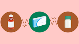 The image shows a light red background with three circles across the frame. In the center, on a green circle, is a white and blue pill box. On the left, on a red circle, is a liquid prescription bottle. On the right, on a red circle, is a white pill bottle with a teal cap.
GoodRx Health