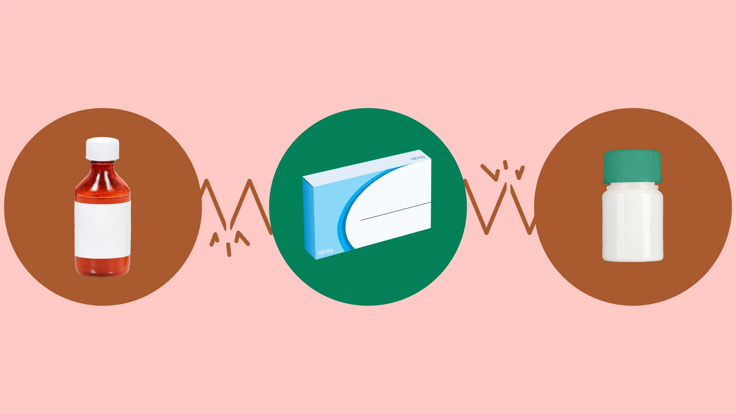 The image shows a light red background with three circles across the frame. In the center, on a green circle, is a white and blue pill box. On the left, on a red circle, is a liquid prescription bottle. On the right, on a red circle, is a white pill bottle with a teal cap.