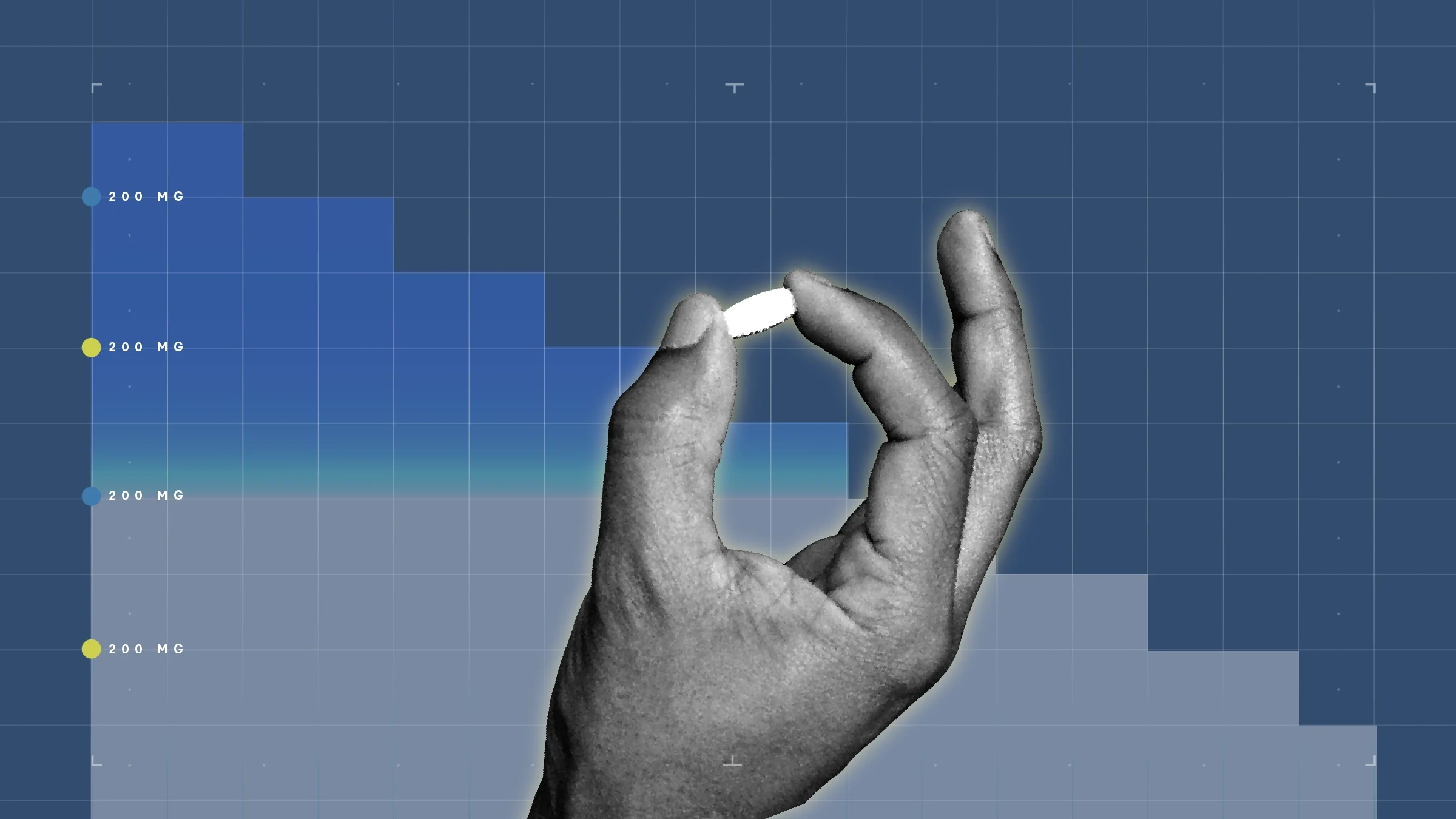 A cutout of a hand holding a pill is shown against a navy blue background with a representational step graph.