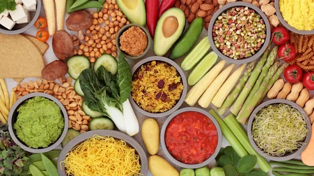 Health: Diet Nutrition: flat lay healthy vegan foods-1296702891