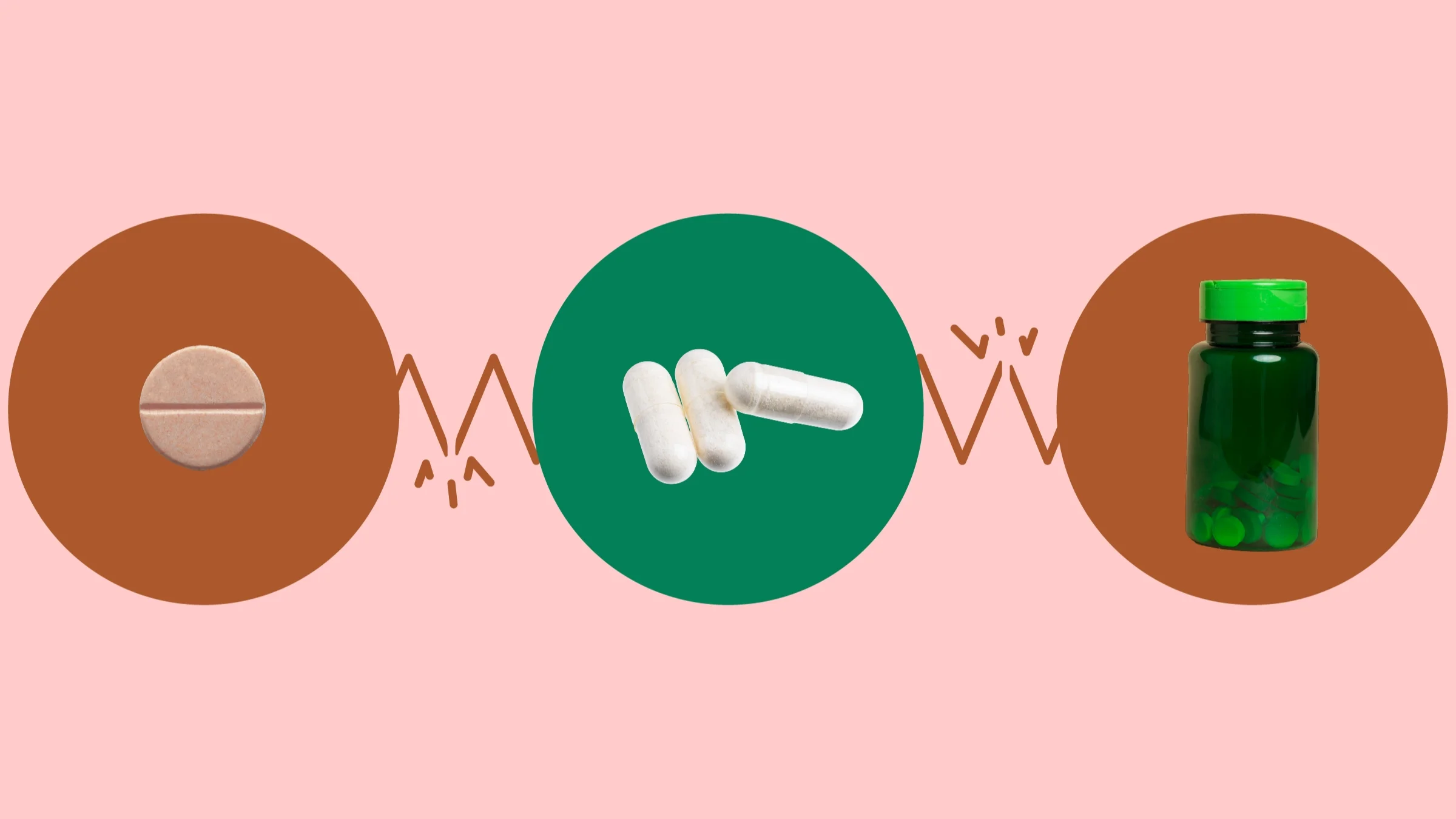 A custom graphic showcases what drugs interact with prescription potassium citrate. In the center, on a green circle, are three white capsule pills. On the right, on a red circle, is a green supplement bottle. On the left, on a red circle, is a chalky light orange round pill.