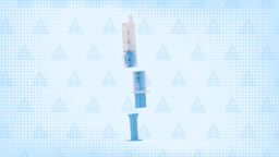 Light-blue background with texture and warning sign pattern. In the center is a blue plastic syringe cut into thirds.
GoodRx Health 