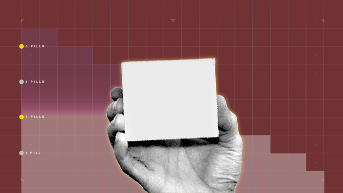 In the center of a dark red background with graph paper texture and representational step graph is a black and white cutout of a hand holding a blank medication box. 