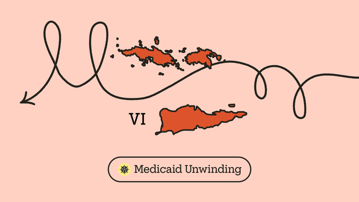 A graphic includes an outline of the U.S. Virgin Island with a doodle arrow going through it and “Medicaid Unwinding” typed underneath, next to a COVID icon.