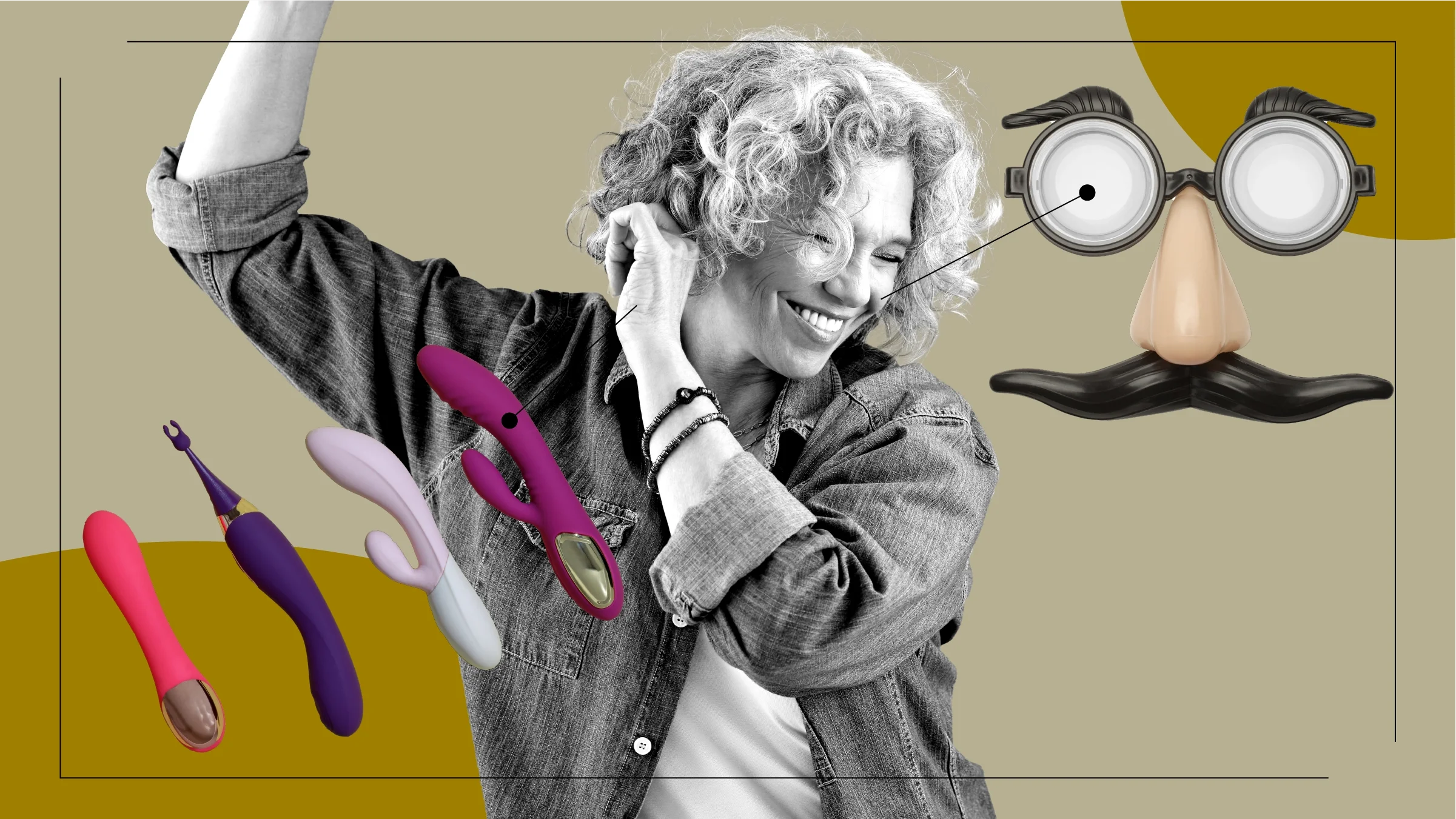 A graphic on late-in-life sexual awakenings includes a photo of a woman and images of vibrators and Groucho glasses.