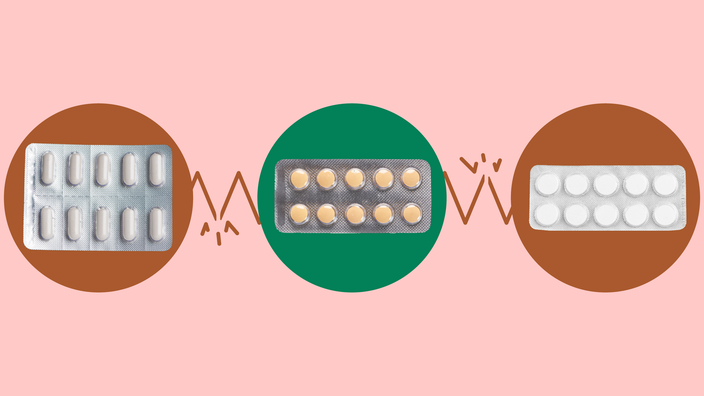 A graphic on quetiapine interactions shows three different blister pill packs highlighted by green and red circles. 