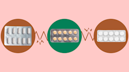 A graphic on quetiapine interactions shows three different blister pill packs highlighted by green and red circles. 
GoodRx Health