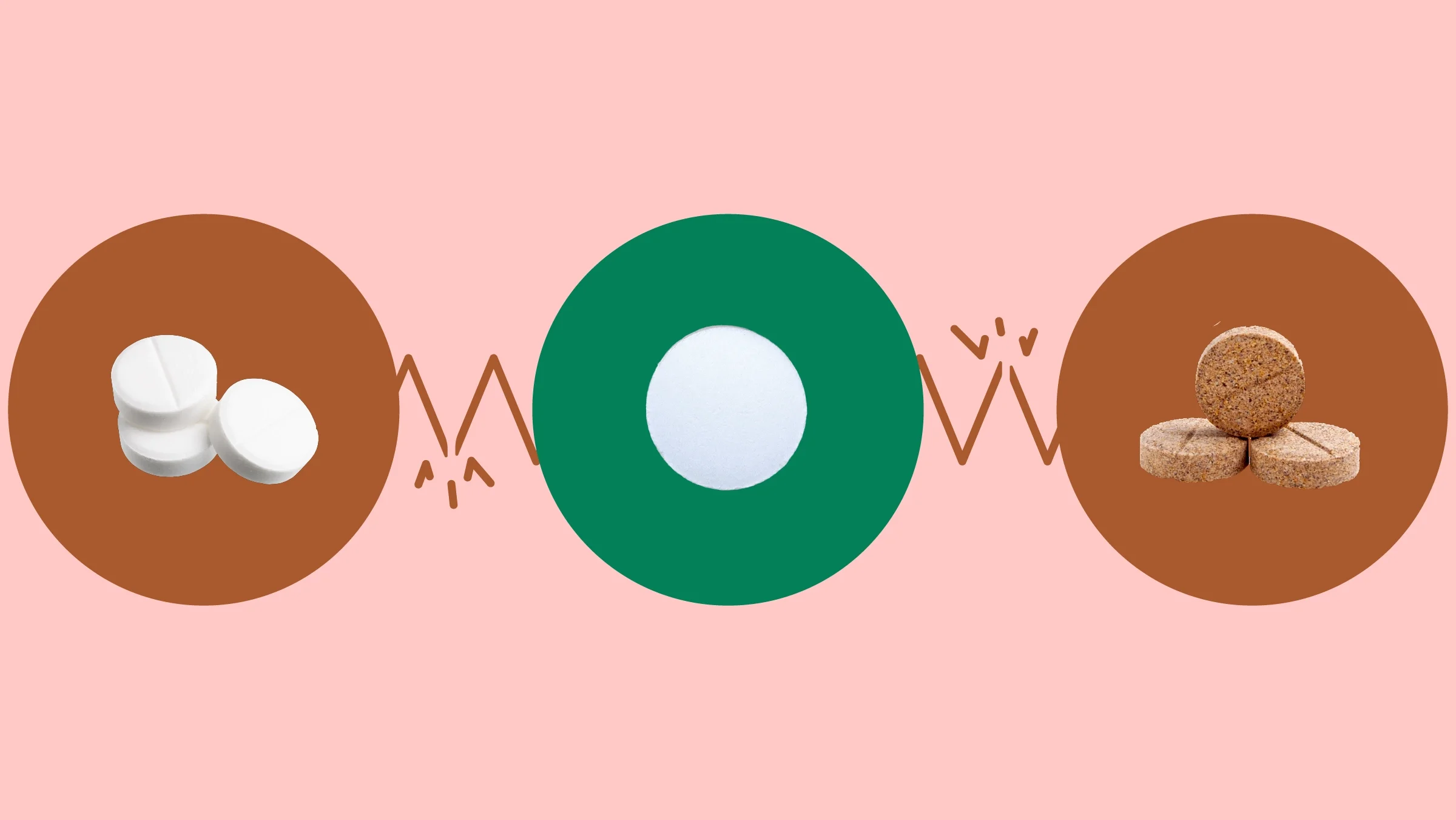 The image shows a light red background with three circles across the frame. In the center is a green circle with a single white round pill. On the left, on a red circle, is a stack of three white pills. On the right, on a red circle, is a stack of three spotted brown pills.