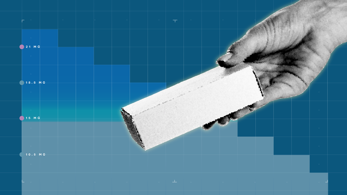 Blue background with graph paper texture and representational step graph. In the center is a black-and-white cutout image of a hand holding a prescription box.