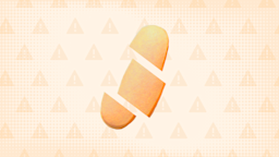 In the center of a light orange background with texture and warning sign pattern is a single orange pill cut into thirds. 
GoodRx Health