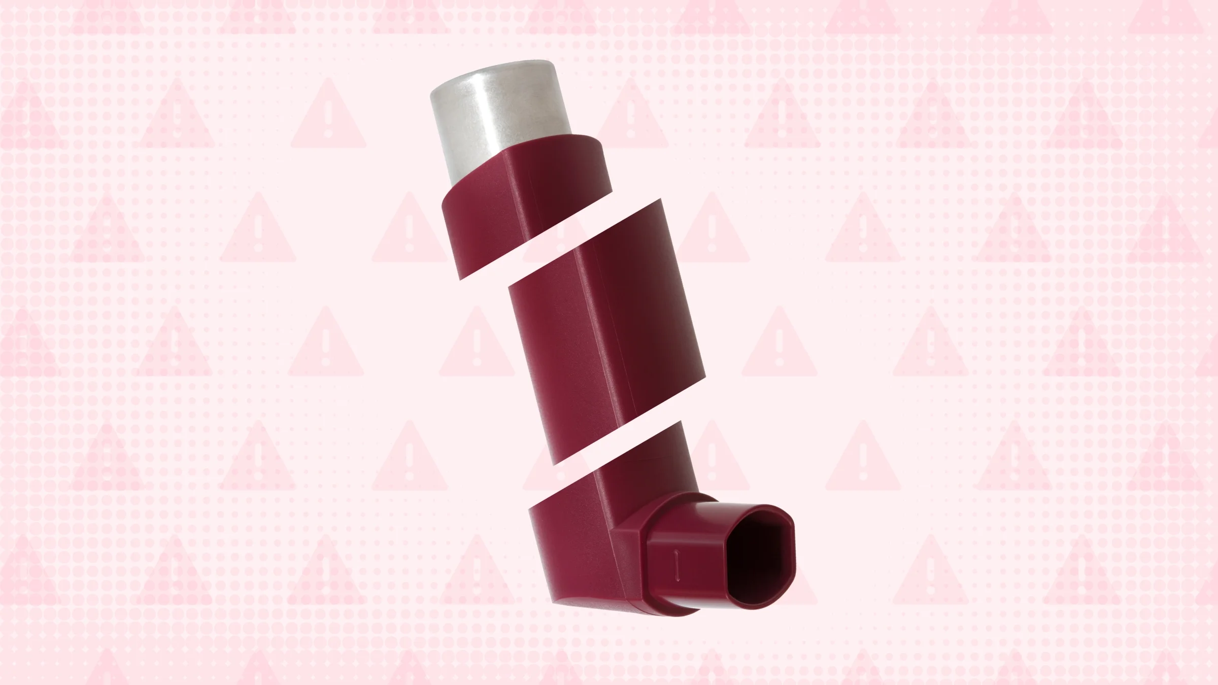 In the center of a light red background with texture and warning sign pattern is a red inhaler cut into thirds.