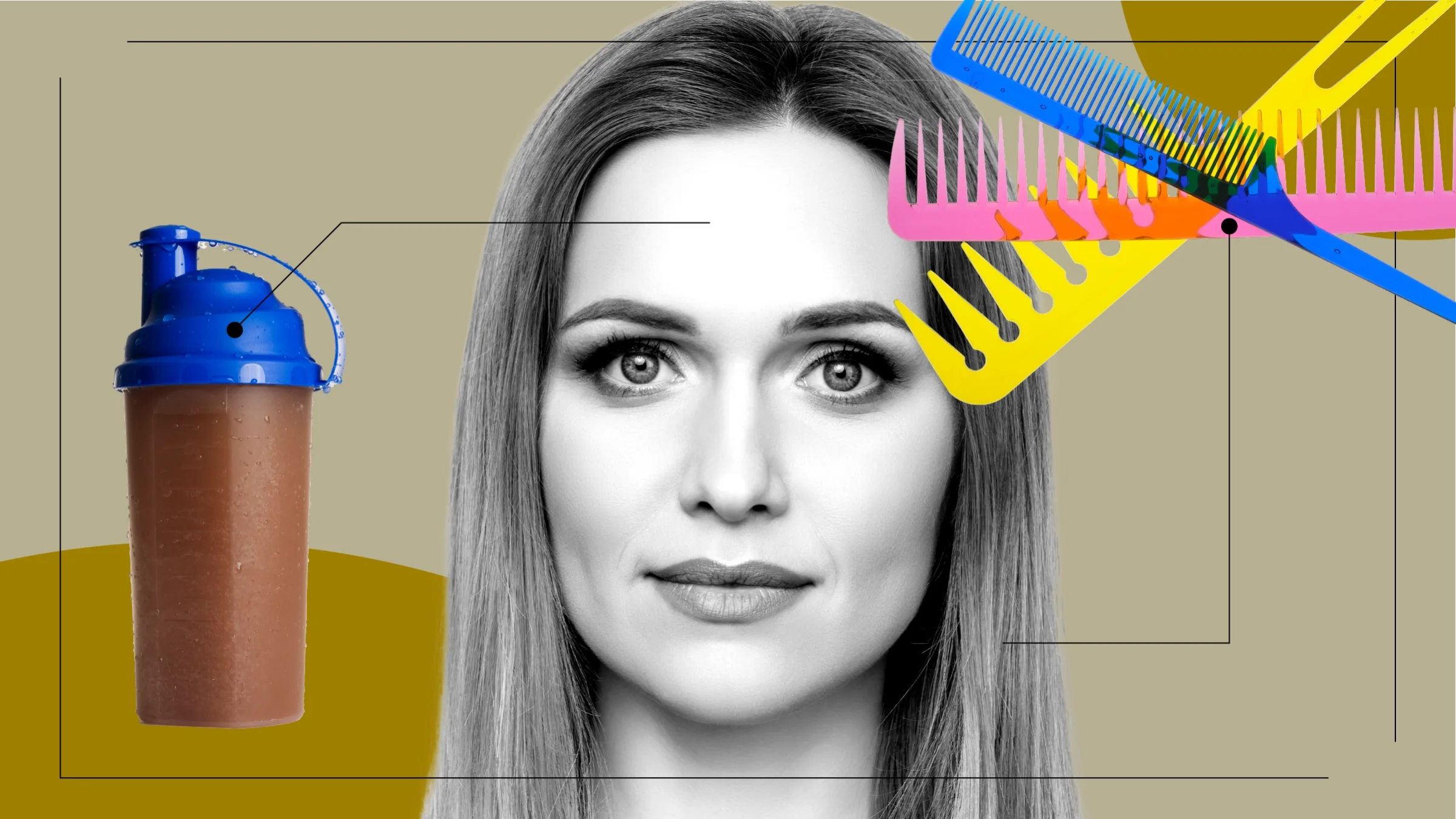Tan background with black-and-white close-up of a woman’s face with smooth skin. Off of her are diagram lines pointing to objects representing collagen supplement and skin and hair health. On the left is a chocolate protein shake in a shaker bottle. On the right are colorful combs overlaid on top of one another.