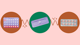 A custom graphic showcases ella and the drugs that interact with it. In the center, on a green circle, is a purple blister pack with one single white pill. On the left, on a red circle, is a purple birth control packet. On the right, on a red circle, is a blister pack with peach colored pills. 
GoodRx Health 

