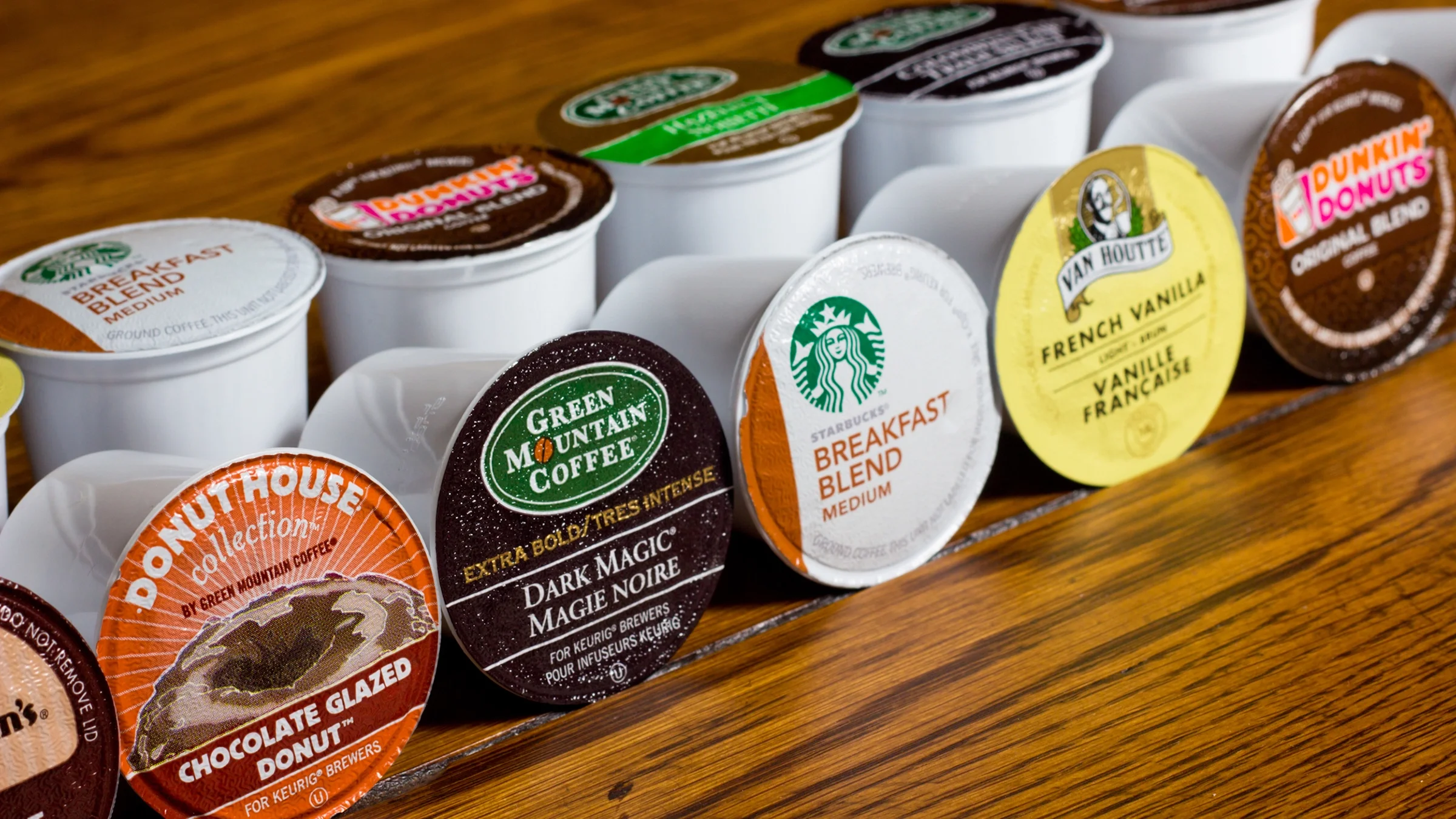 K-Cup coffee pods on tabletop.